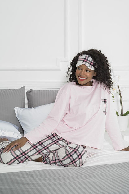 Cotton 5-Piece Pink Plaid Pajama Set