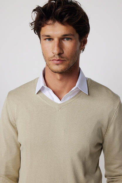 Slim Fit V-Neck Cotton Stone Color Men's Sweater