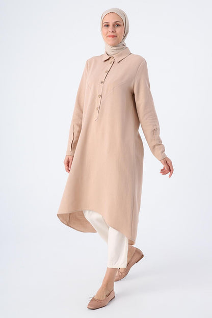 Dark Beige Shirt Back Collar Long Linen Tunic