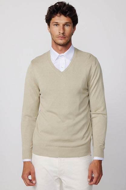 Slim Fit V-Neck Cotton Stone Color Men's Sweater