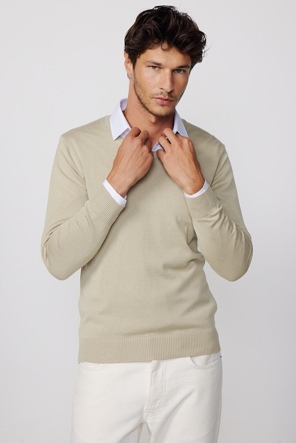 Slim Fit V-Neck Cotton Stone Color Men's Sweater