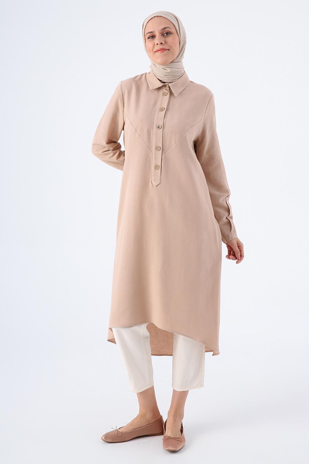 Dark Beige Shirt Back Collar Long Linen Tunic