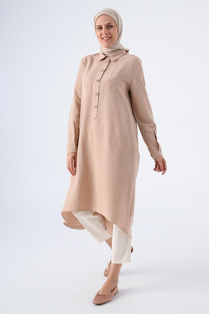 Dark Beige Shirt Back Collar Long Linen Tunic