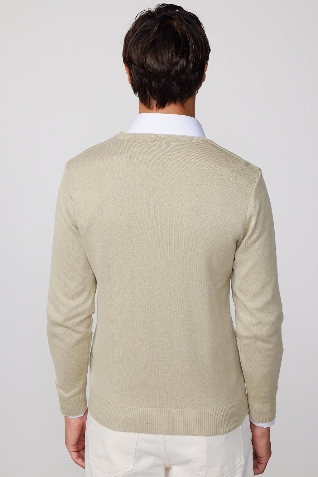 Slim Fit V-Neck Cotton Stone Color Men's Sweater