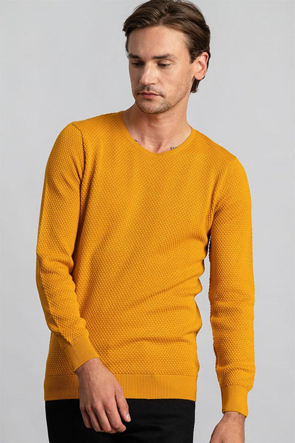 Slim Fit Crew Neck Honeycomb Patterned Men's Mustard Sweater