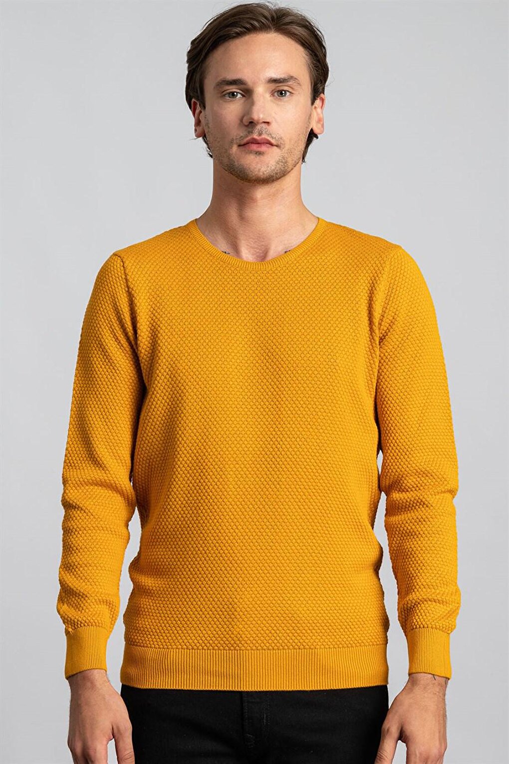 Slim Fit Crew Neck Honeycomb Patterned Men's Mustard Sweater