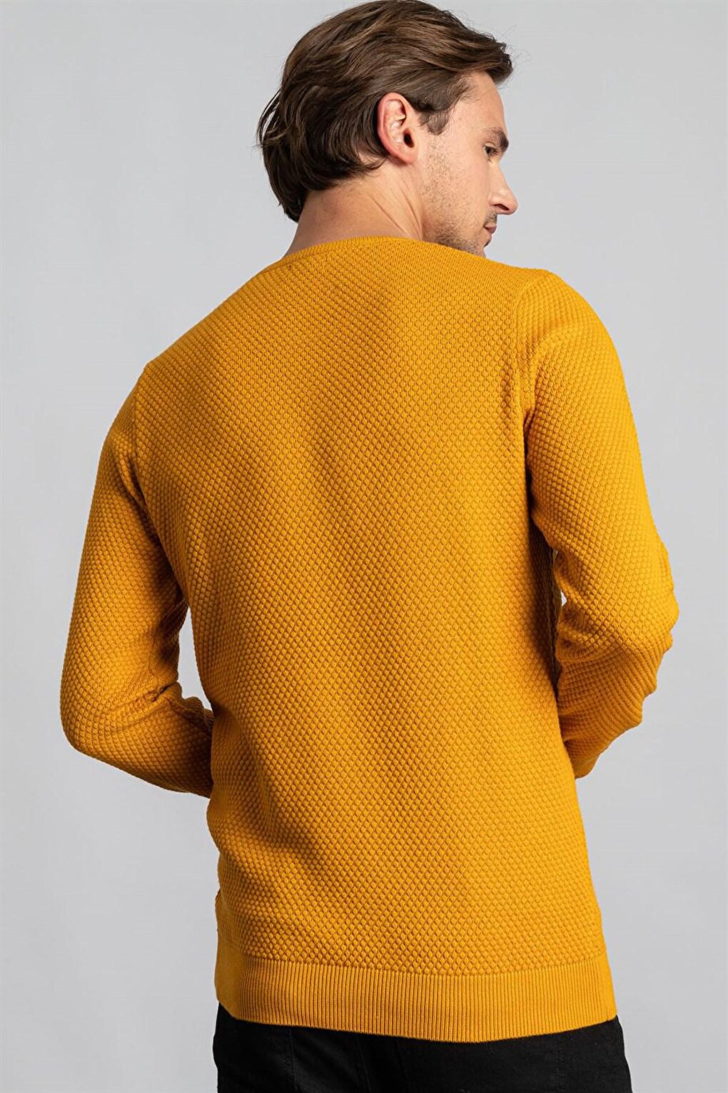 Slim Fit Crew Neck Honeycomb Patterned Men's Mustard Sweater