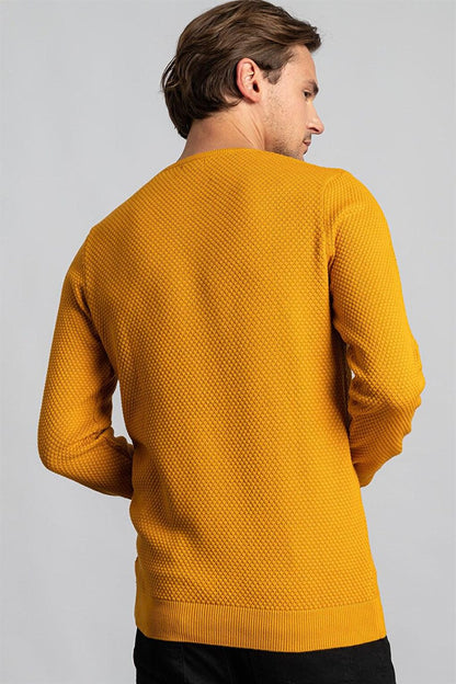 Slim Fit Crew Neck Honeycomb Patterned Men's Mustard Sweater