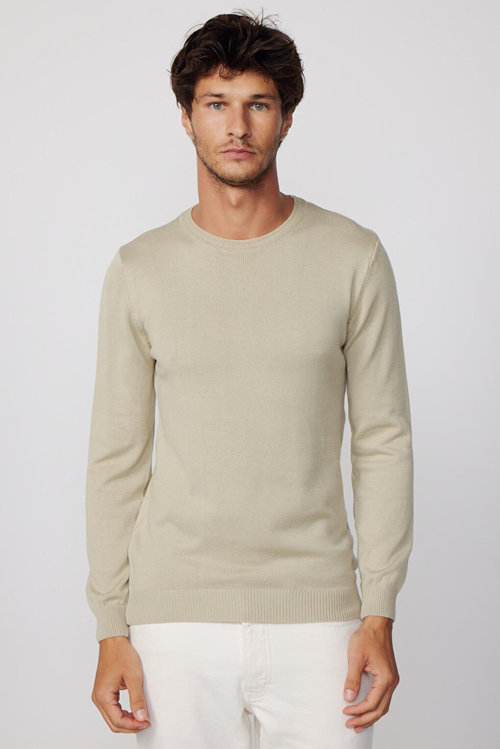 Slim Fit Crew Neck Stone Men's Sweater