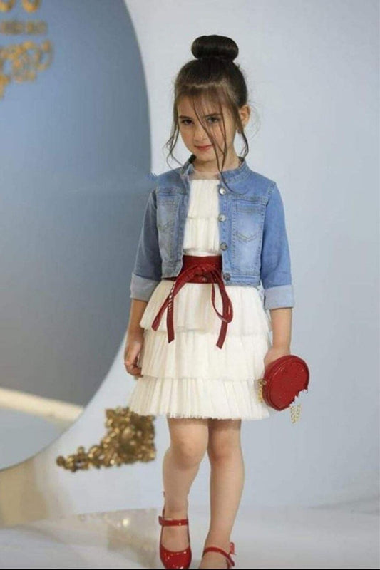 Girl's White Dress with Transparent Collar, Layered Tulle, Leather Belt and Jean Jacket