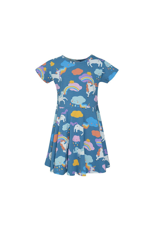 Girl's Lady Unicorn Pattern Short Sleeve Flared Skirt Dress