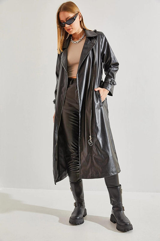 Women's Leather Long Zipper Belted Trench Coat