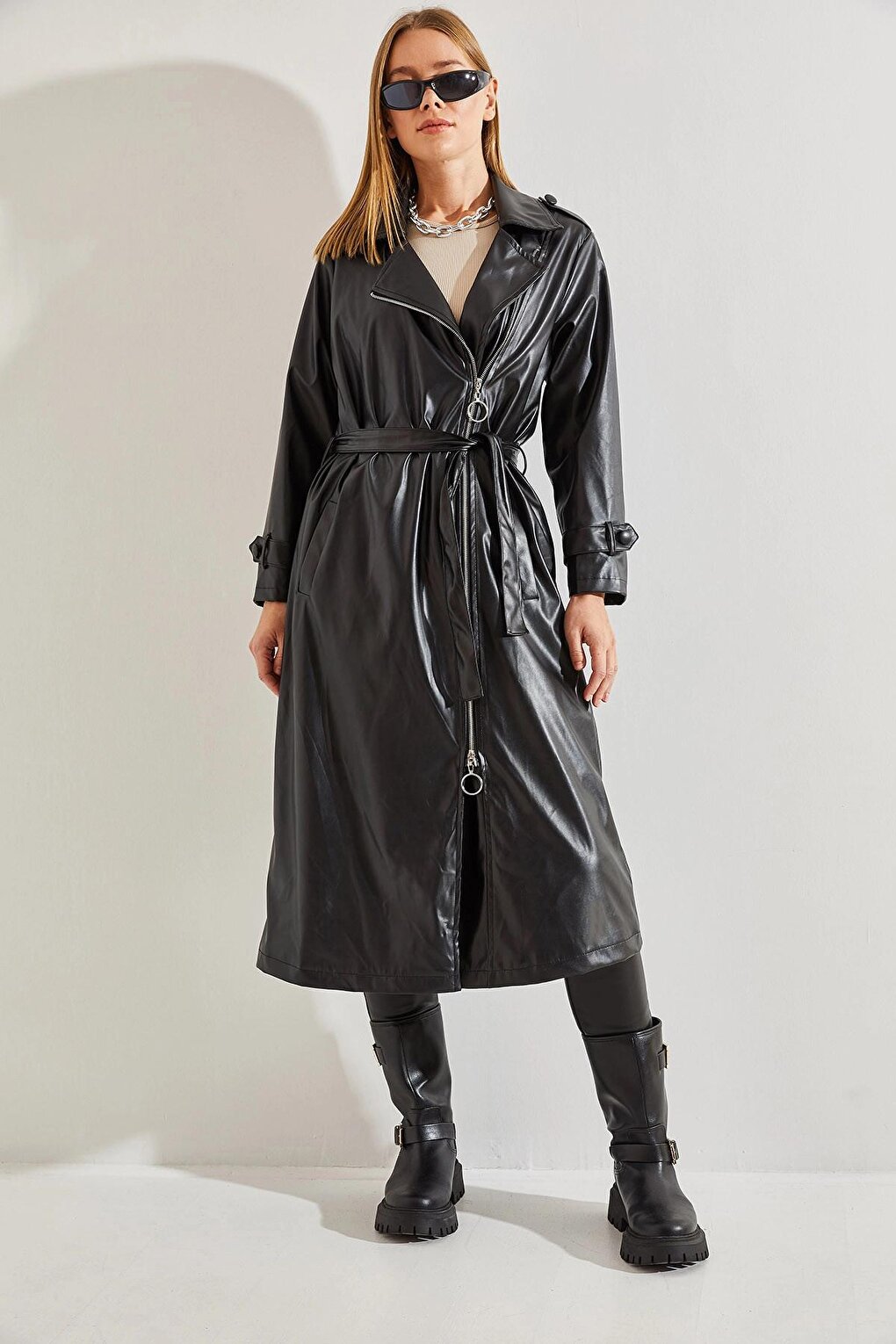 Women's Leather Long Zipper Belted Trench Coat