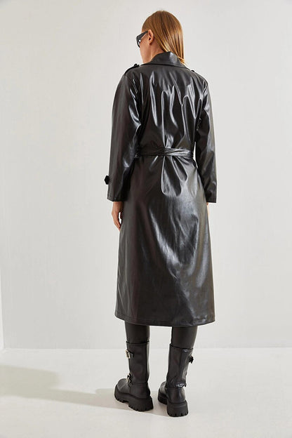 Women's Leather Long Zipper Belted Trench Coat