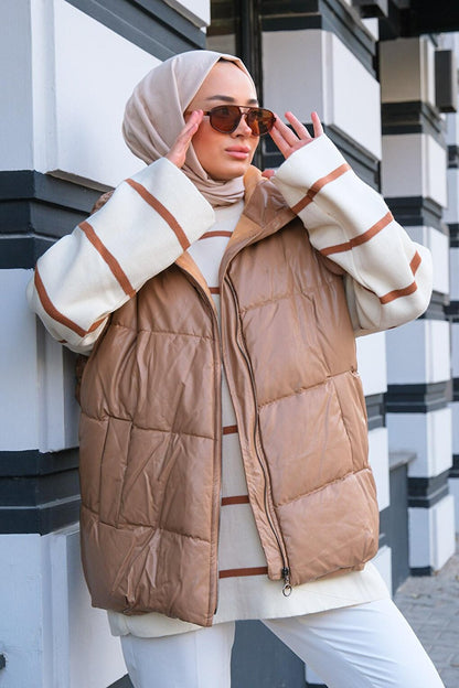 Leather Look Hooded Puffer Vest Mink