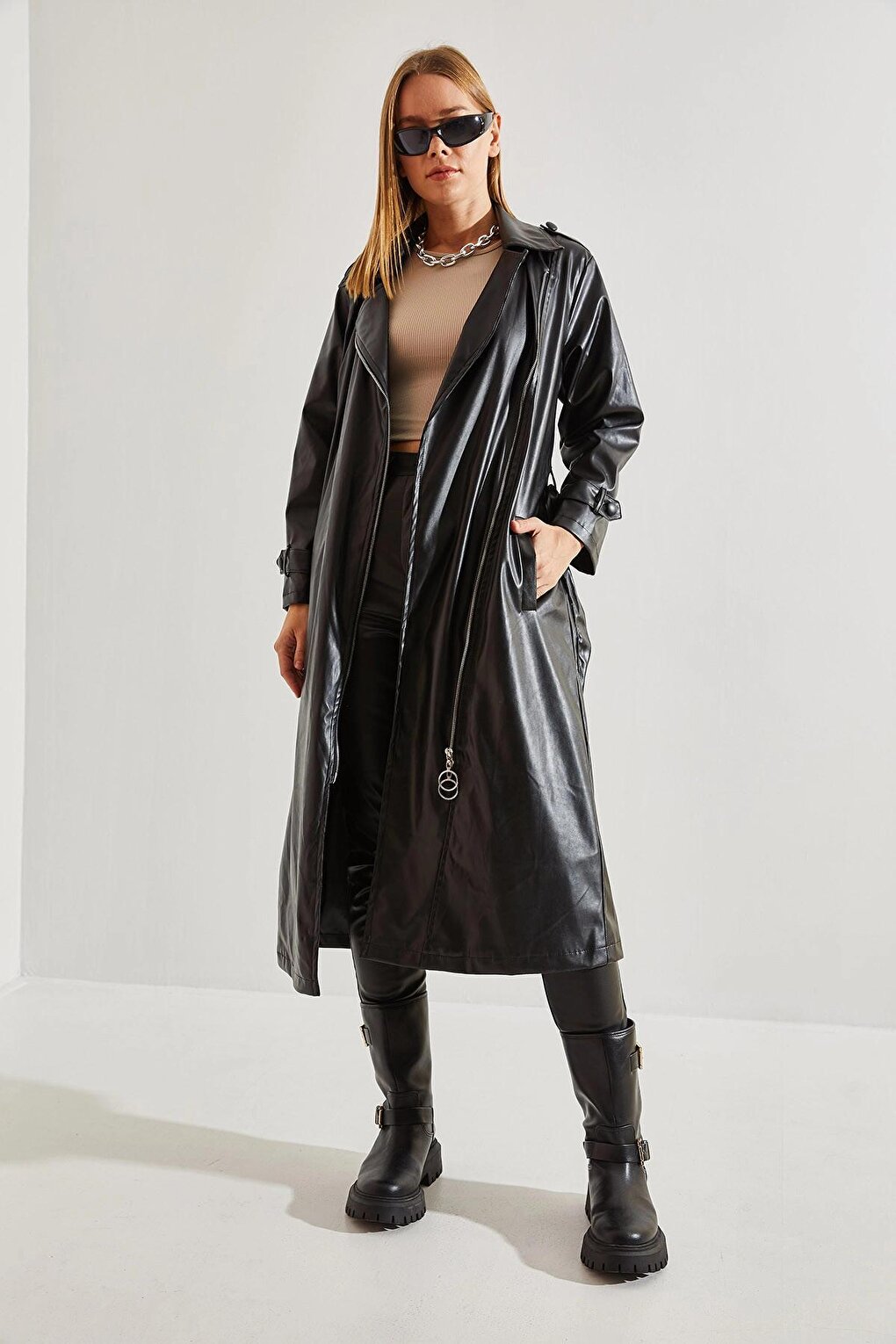 Women's Leather Long Zipper Belted Trench Coat