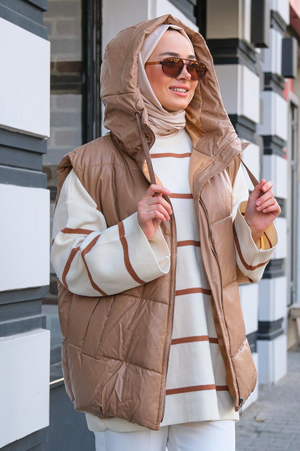 Leather Look Hooded Puffer Vest Mink