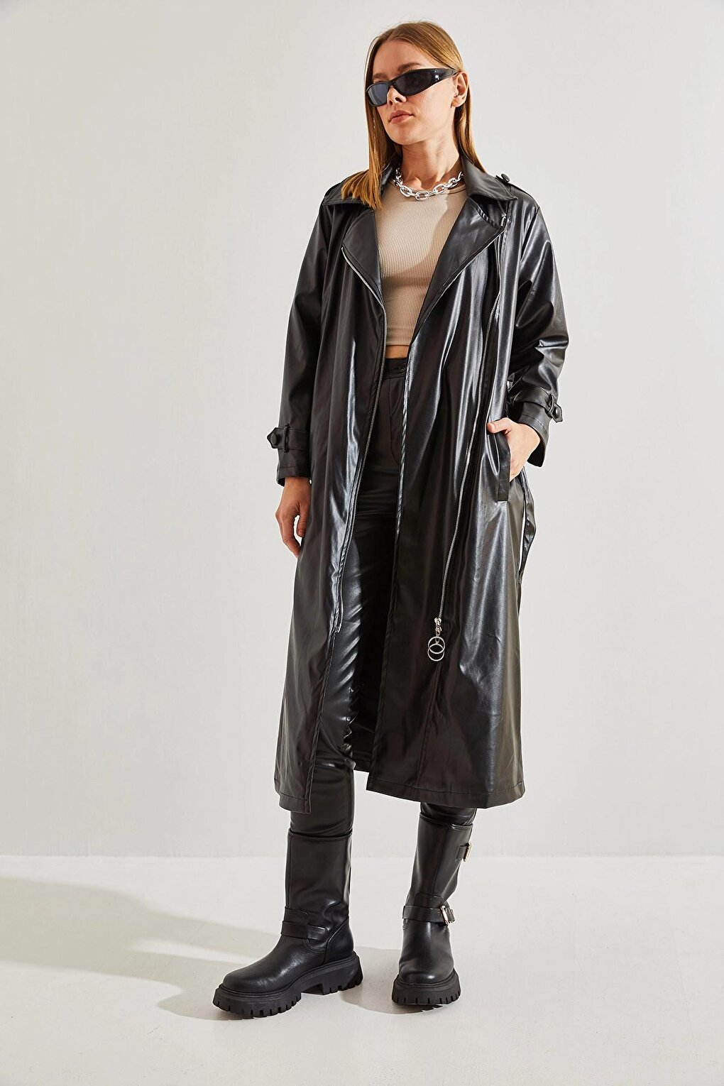 Women's Leather Long Zipper Belted Trench Coat