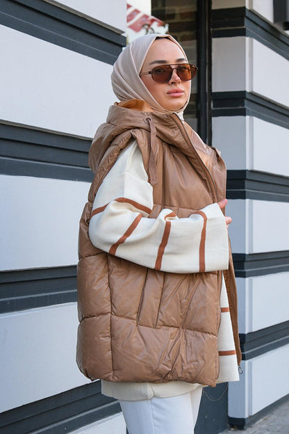 Leather Look Hooded Puffer Vest Mink