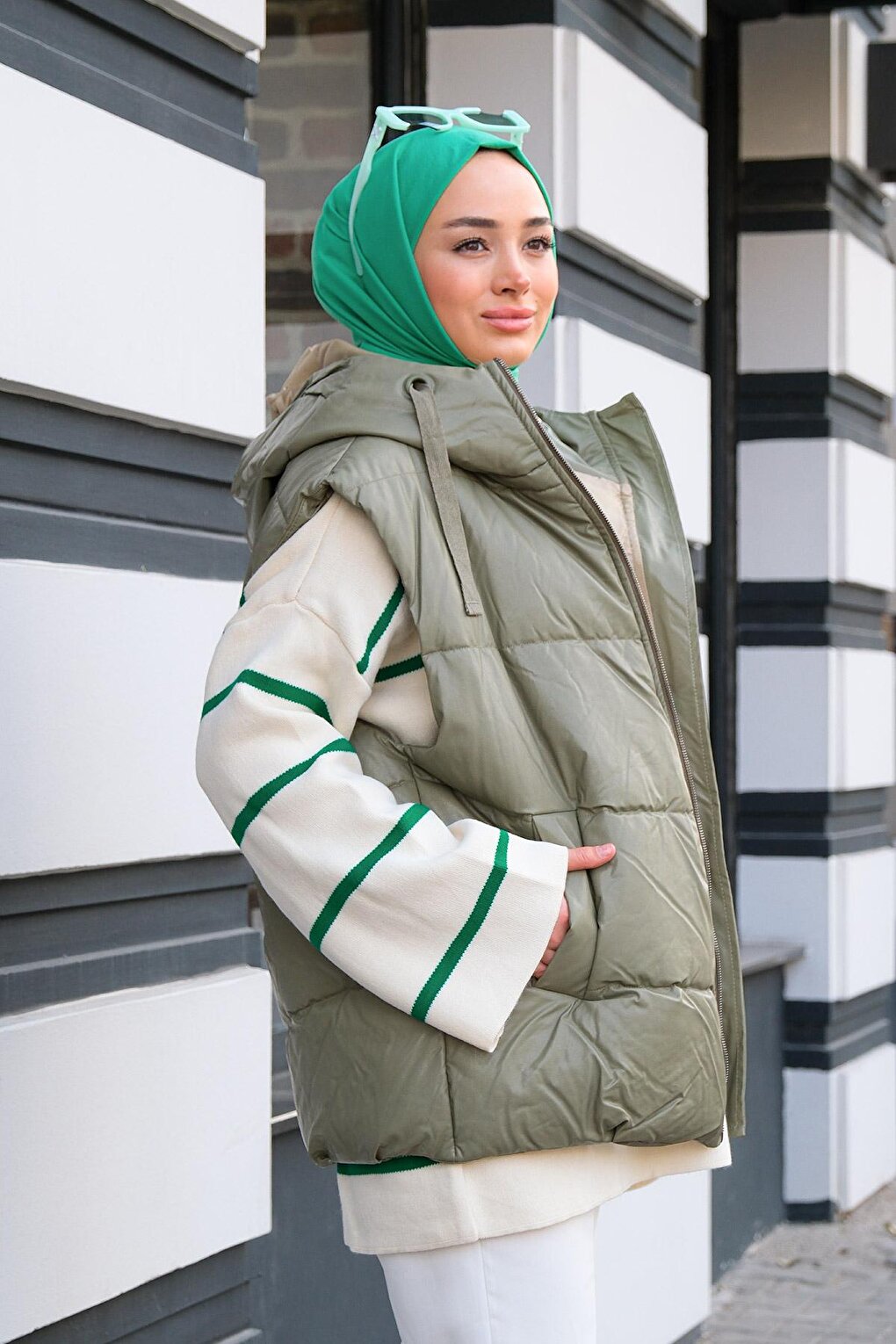 Leather Look Hooded Puffer Vest Mint Green