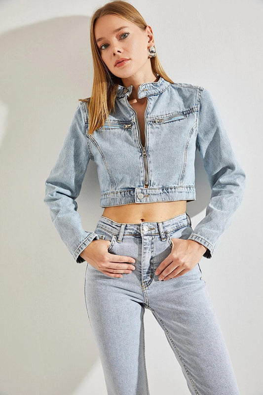 Women's Judge Collar Pockets Zipper Denim Jacket