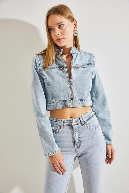 Women's Judge Collar Pockets Zipper Denim Jacket