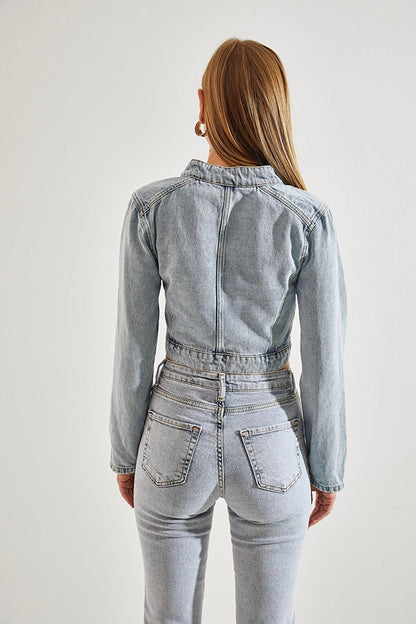 Women's Judge Collar Pockets Zipper Denim Jacket