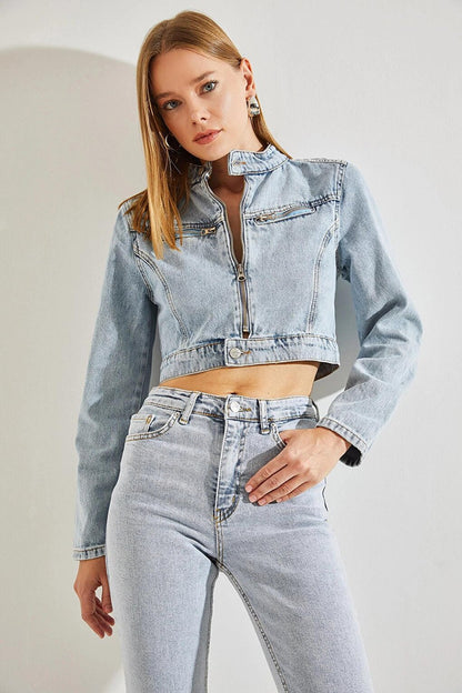 Women's Judge Collar Pockets Zipper Denim Jacket