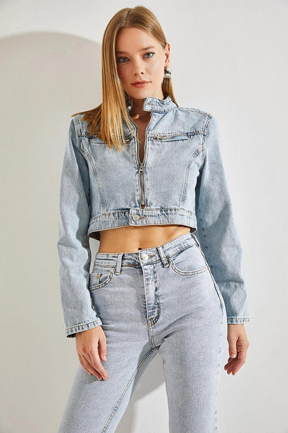 Women's Judge Collar Pockets Zipper Denim Jacket