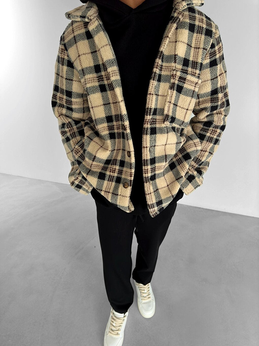 Oversize Checkered Plush Shirt Jacket Black