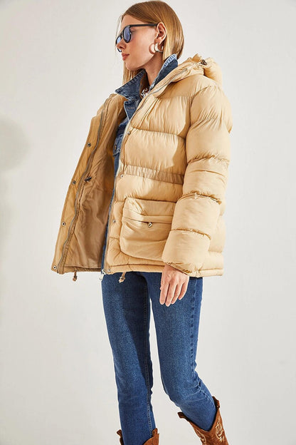 Women's Hooded Zippered Puffer Coat with Snap Fasteners