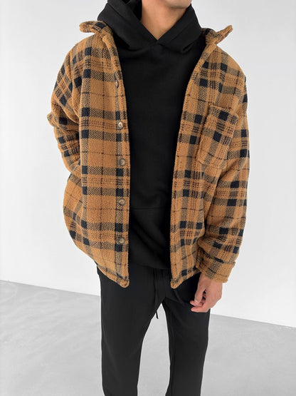 Oversize Checkered Plush Shirt Jacket Brown