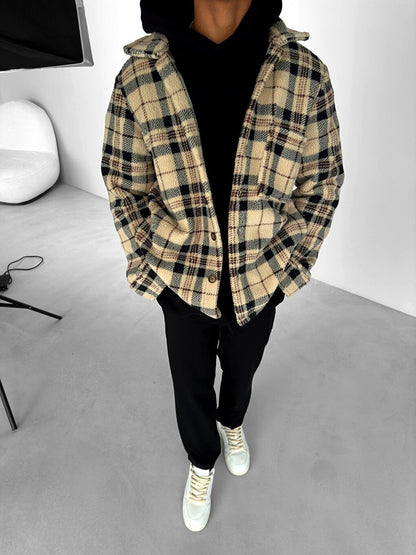 Oversize Checkered Plush Shirt Jacket Black