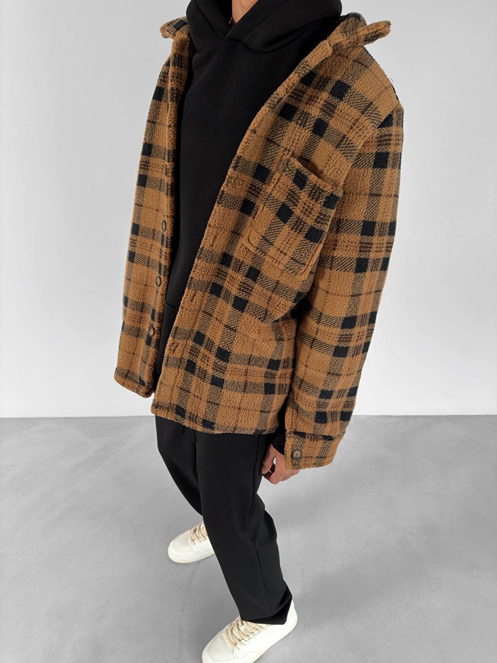 Oversize Checkered Plush Shirt Jacket Brown