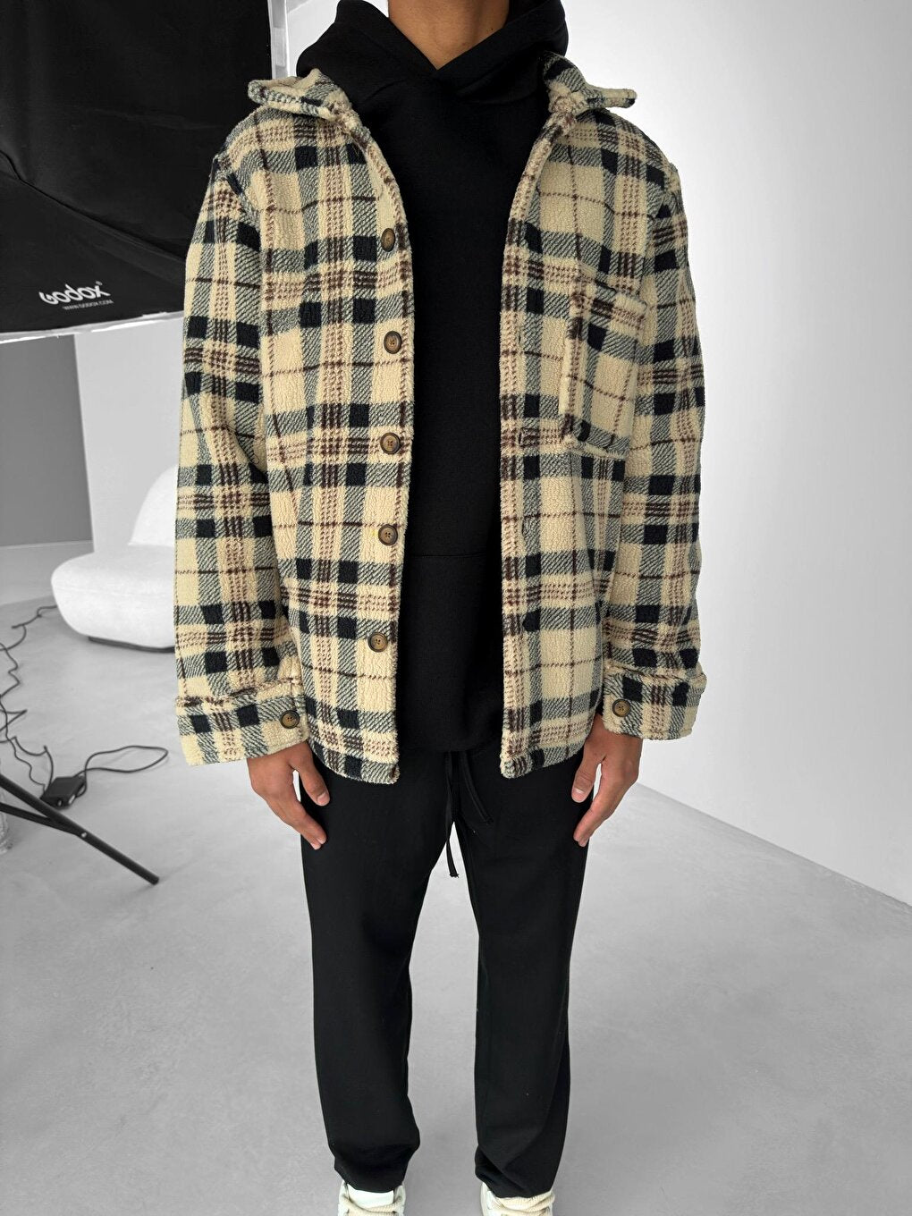 Oversize Checkered Plush Shirt Jacket Black