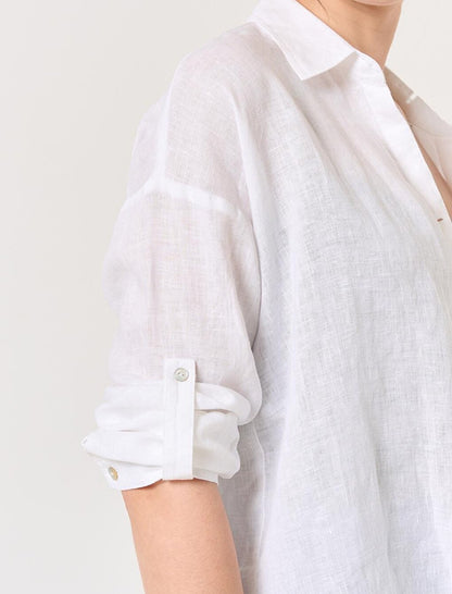 White Straight Cut Shirt Collar Long Sleeve Basic Linen Shirt