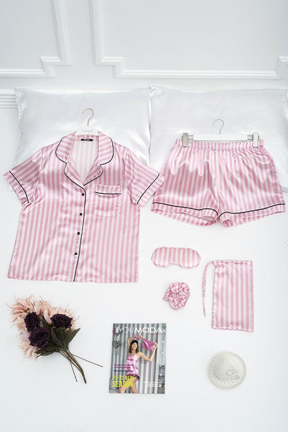 5-Piece Pink and White Striped Satin Pajama Set