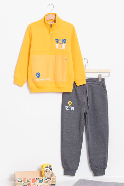 Boy's Text Printed Fleece Thick Tracksuit 14622