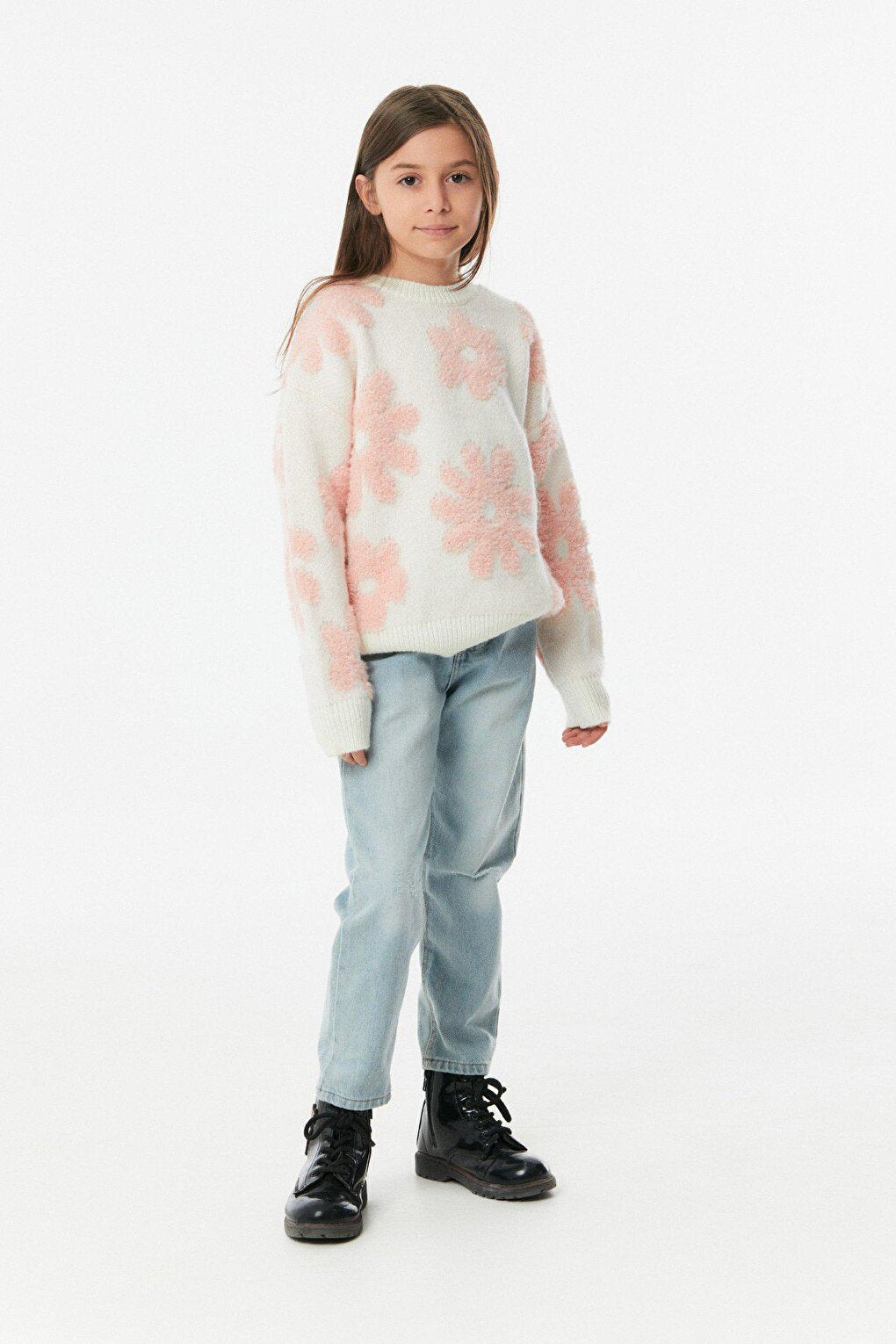 Flower Patterned Girl's Knitwear Sweater