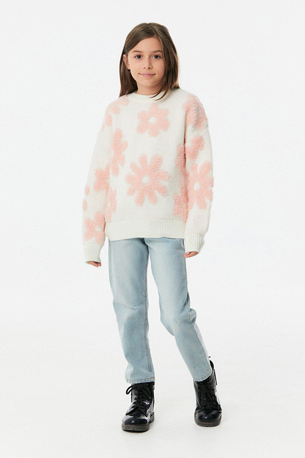 Flower Patterned Girl's Knitwear Sweater