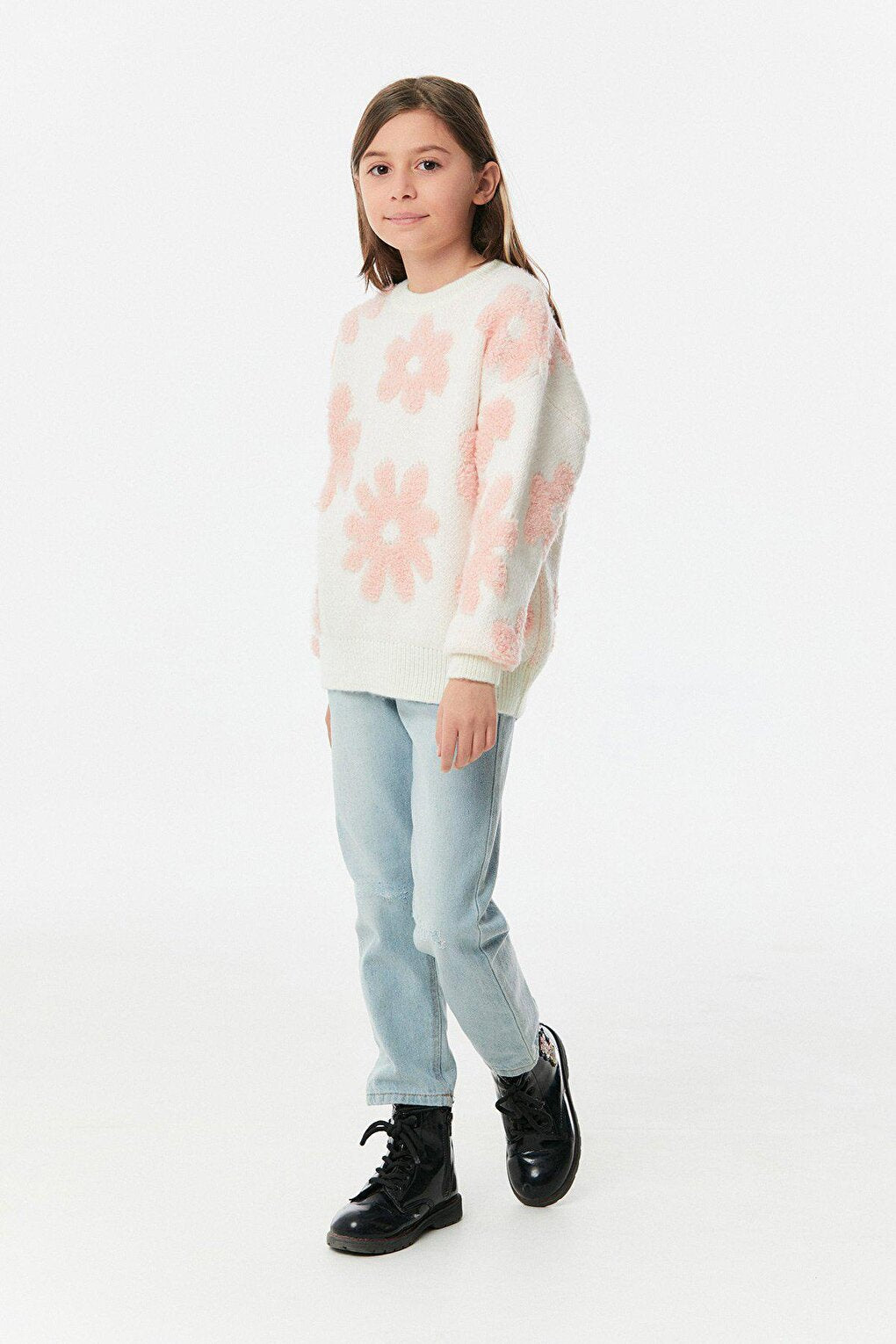 Flower Patterned Girl's Knitwear Sweater