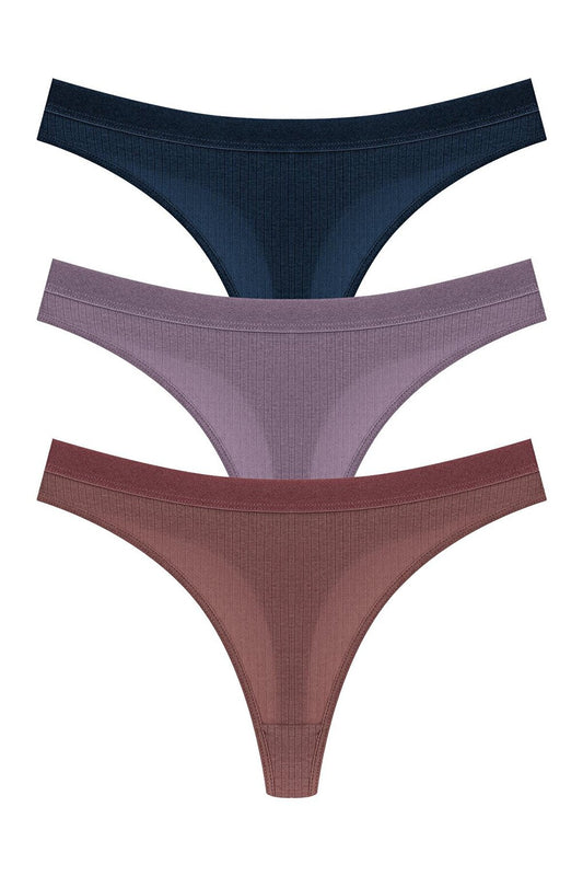 Cotton Ribbed Textured Women's Thong Panties 3-Piece