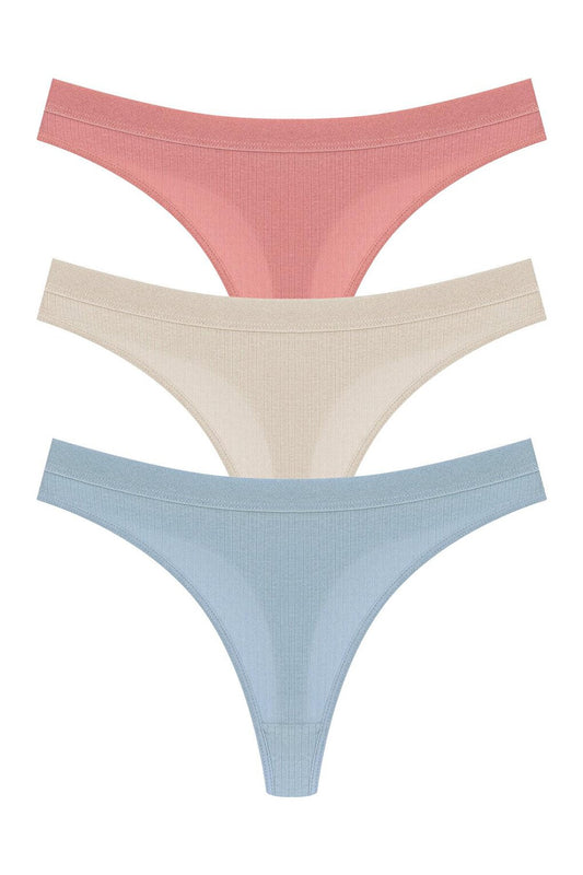 Cotton Ribbed Textured Women's Thong Panties 3-Piece