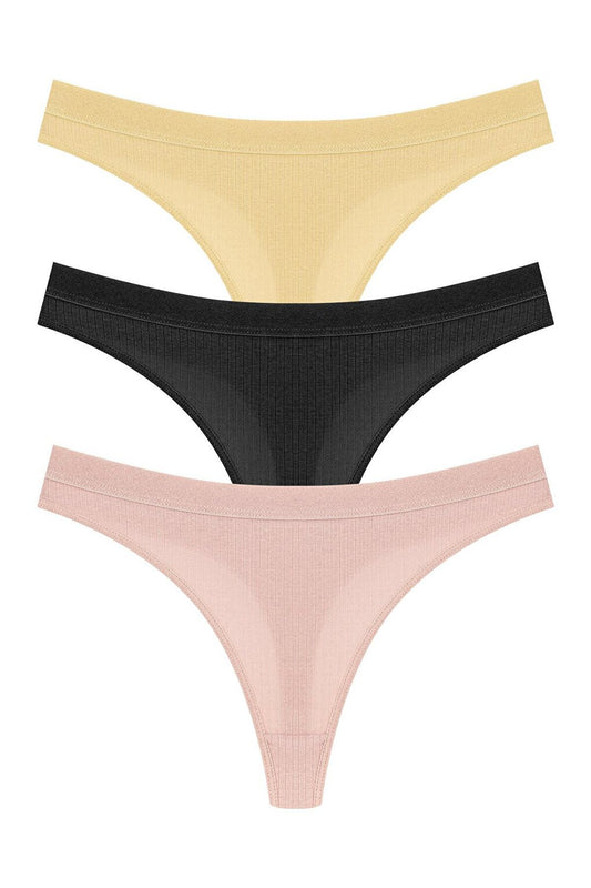 Cotton Ribbed Textured Women's Thong Panties 3-Piece