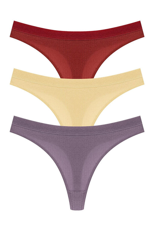 Cotton Ribbed Textured Women's Thong Panties 3-Piece