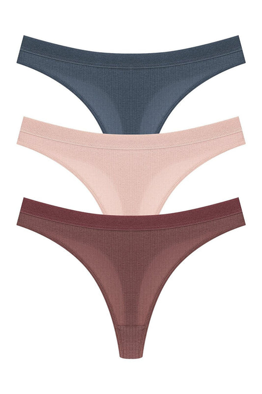 Cotton Ribbed Textured Women's Thong Panties 3-Piece