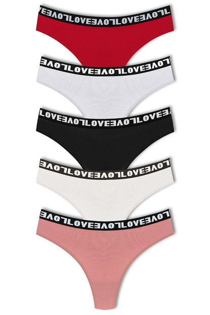 Cotton Lace Back LOVE Rubber Thong Women's Panties 5-pack