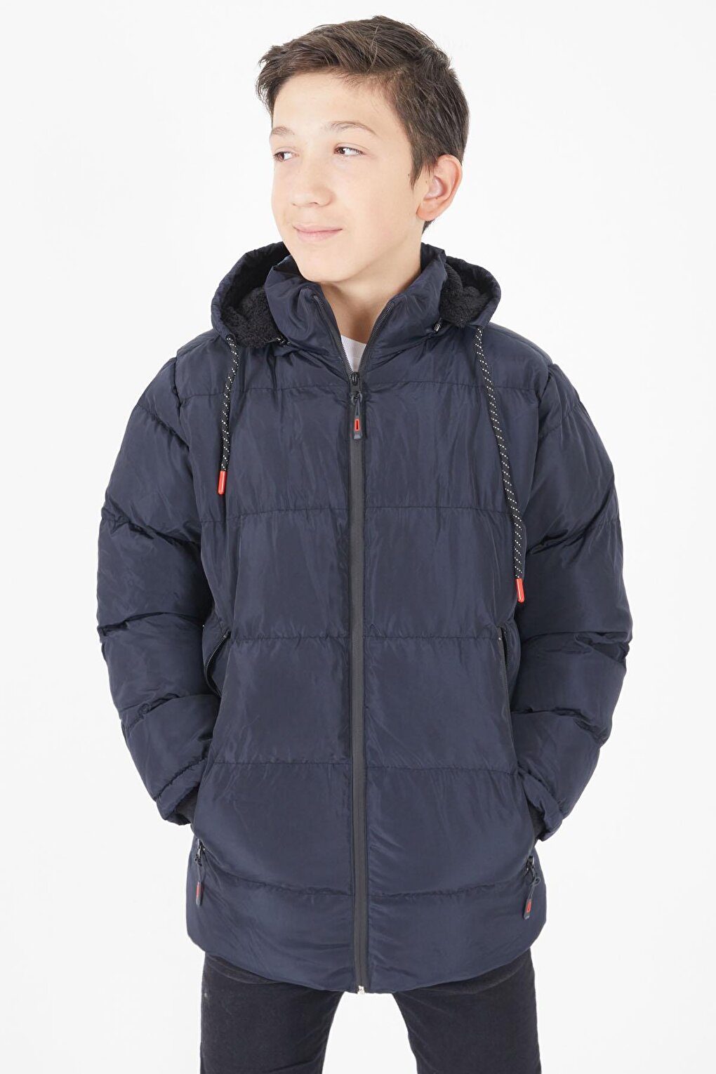 Boy's Puffer Jacket Plain Pattern Navy Blue 15674