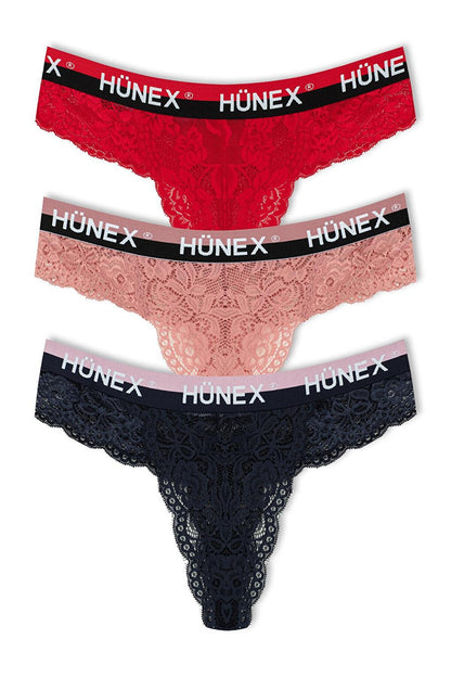 Lace Written Rubber Thong Women's Panties 3-Piece