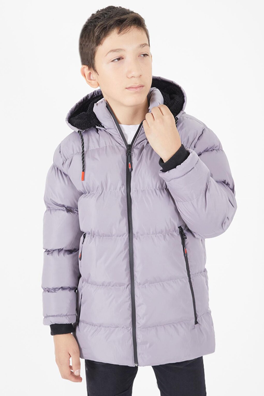 Boy's Puffer Coat Plain Pattern Gray 15676